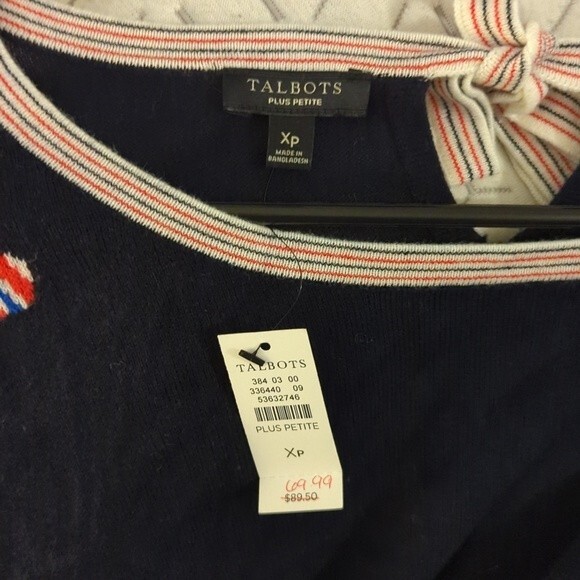 Talbots NWT Size 0x Blue Sweater with Heart Print and Bow tie back - Picture 8 of 8